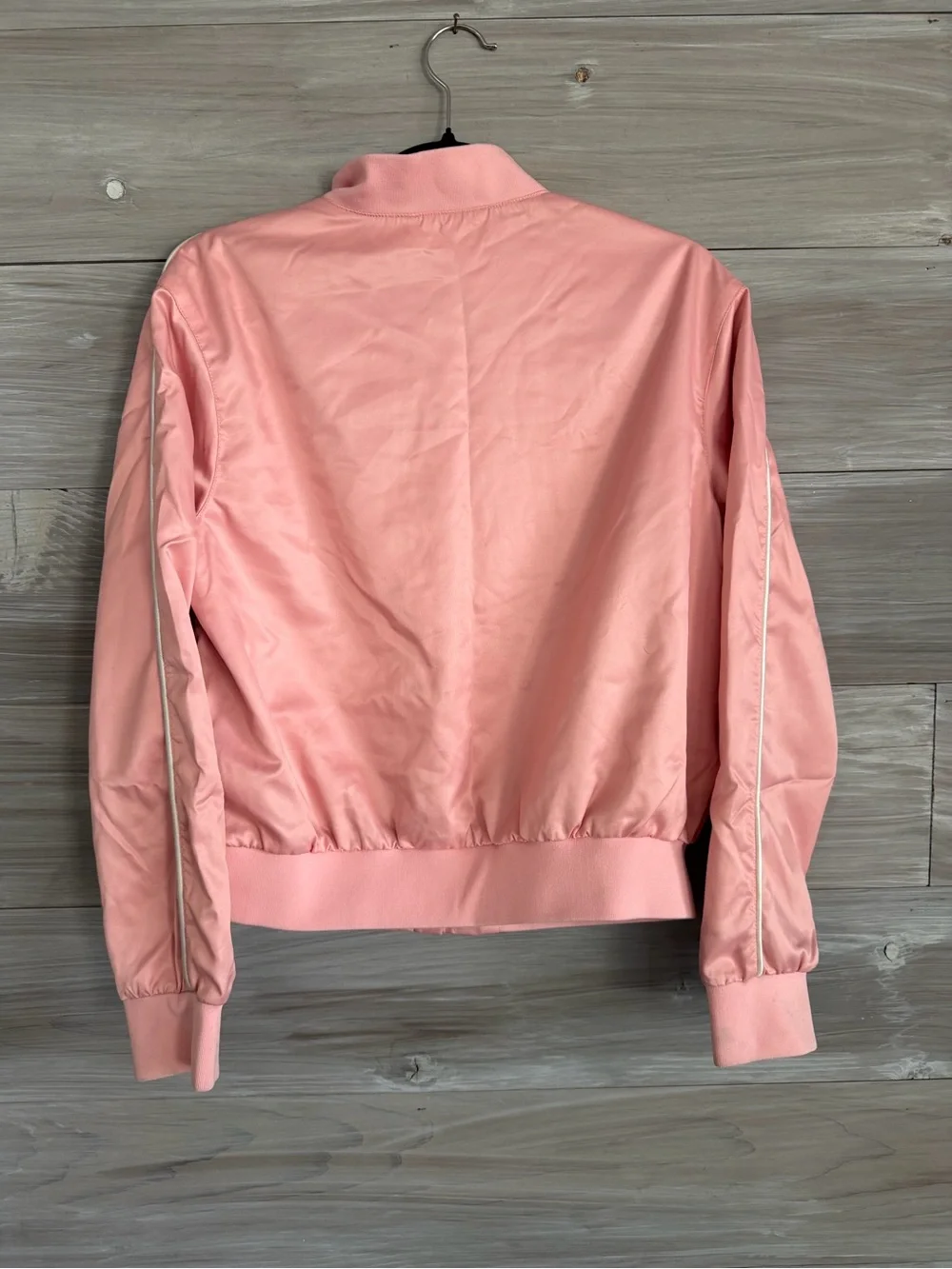 Nike Pink Satin Varsity Bomber Jacket with Red Letter Patch Girls XL